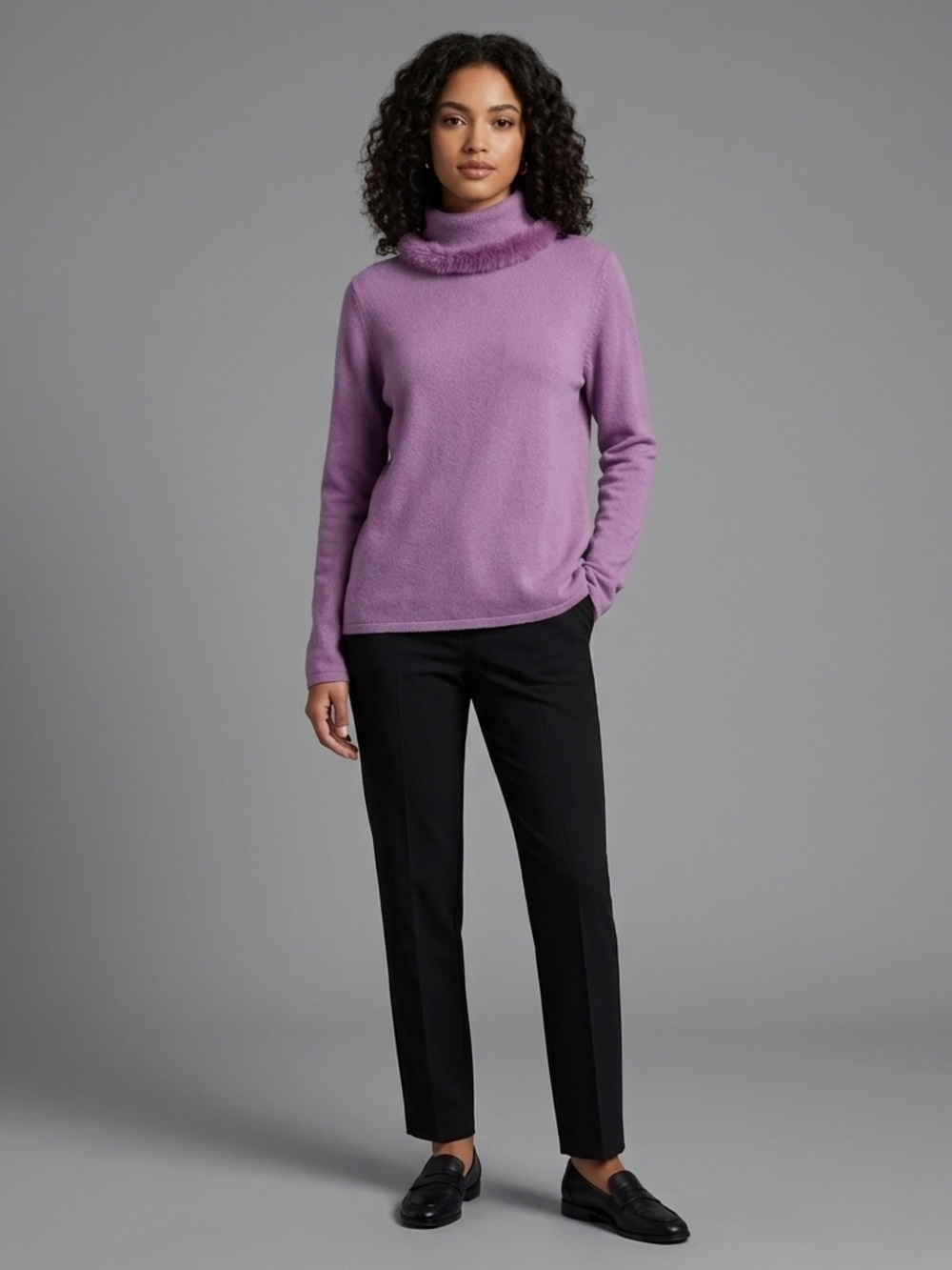 Tradition Women's Lavender Turtleneck Sweater with Faux-Fur Trim Size 14-16 L
